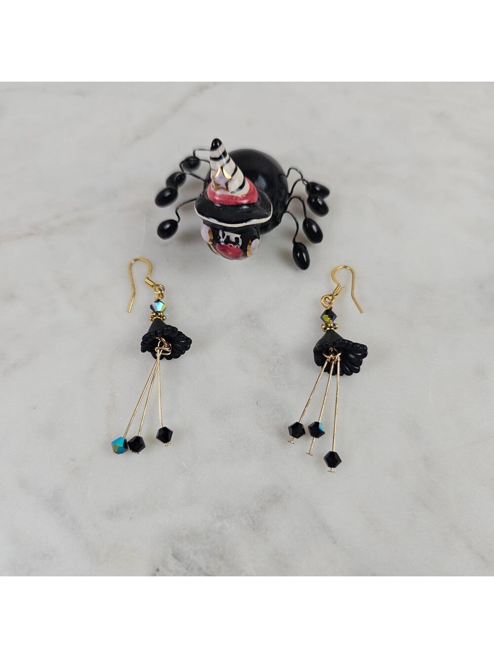Halloween Witch Spider Brooch & Black Dangle Earrings Jewelry Set